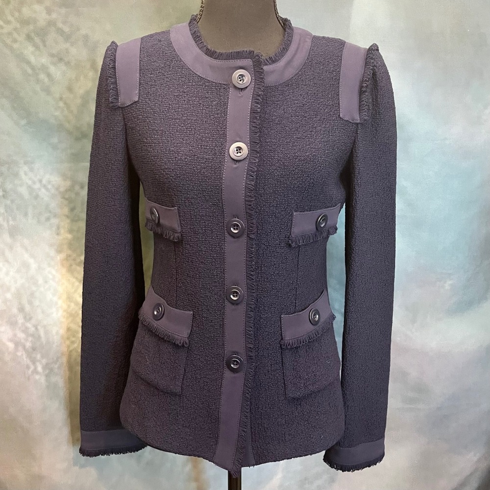 St. John Collection Navy Blue Tweed Knit Fringe Lady Jacket Resort 2013 Size 4